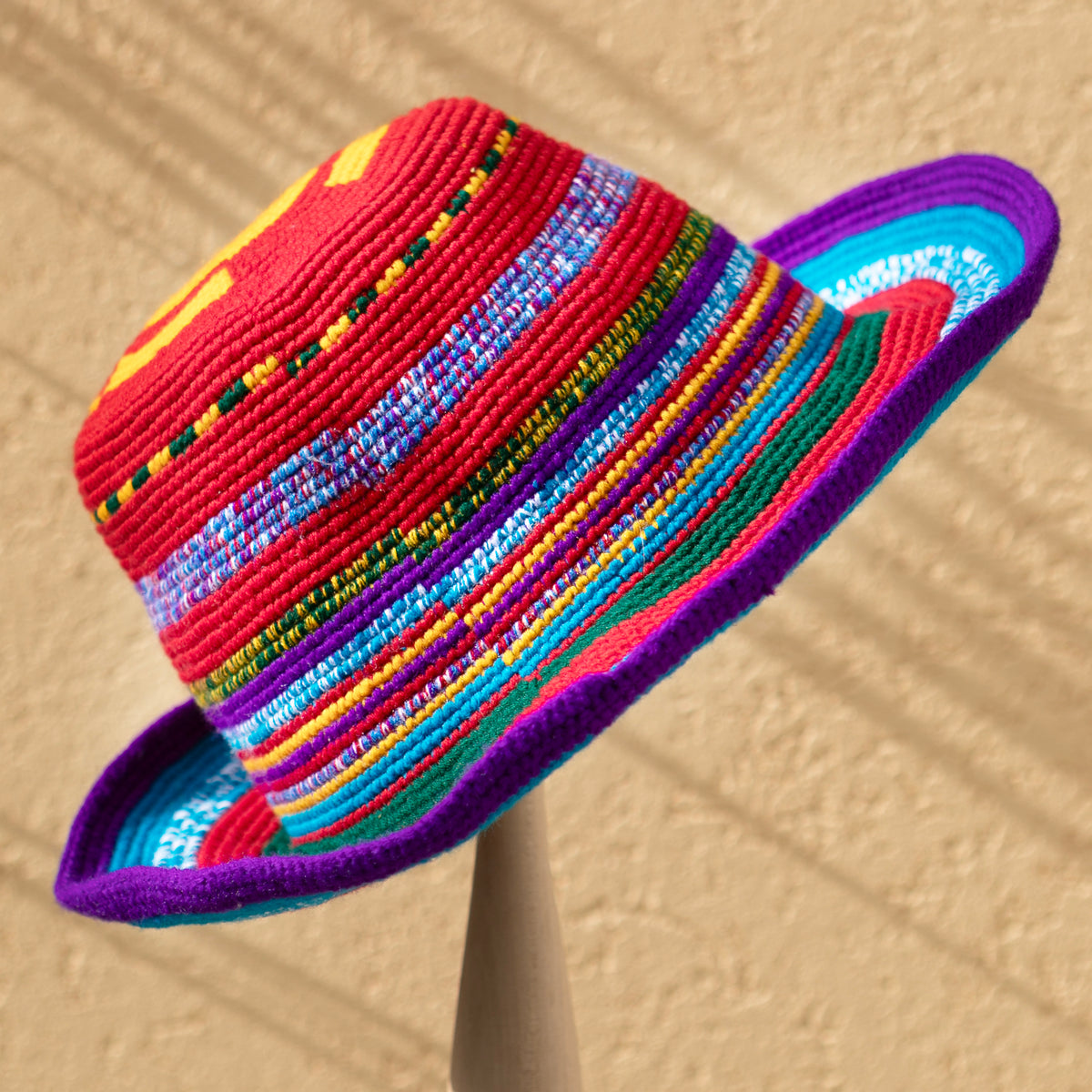 Konso Crochet Wide Brim Hat – Blue, Red & Yellow Beanie