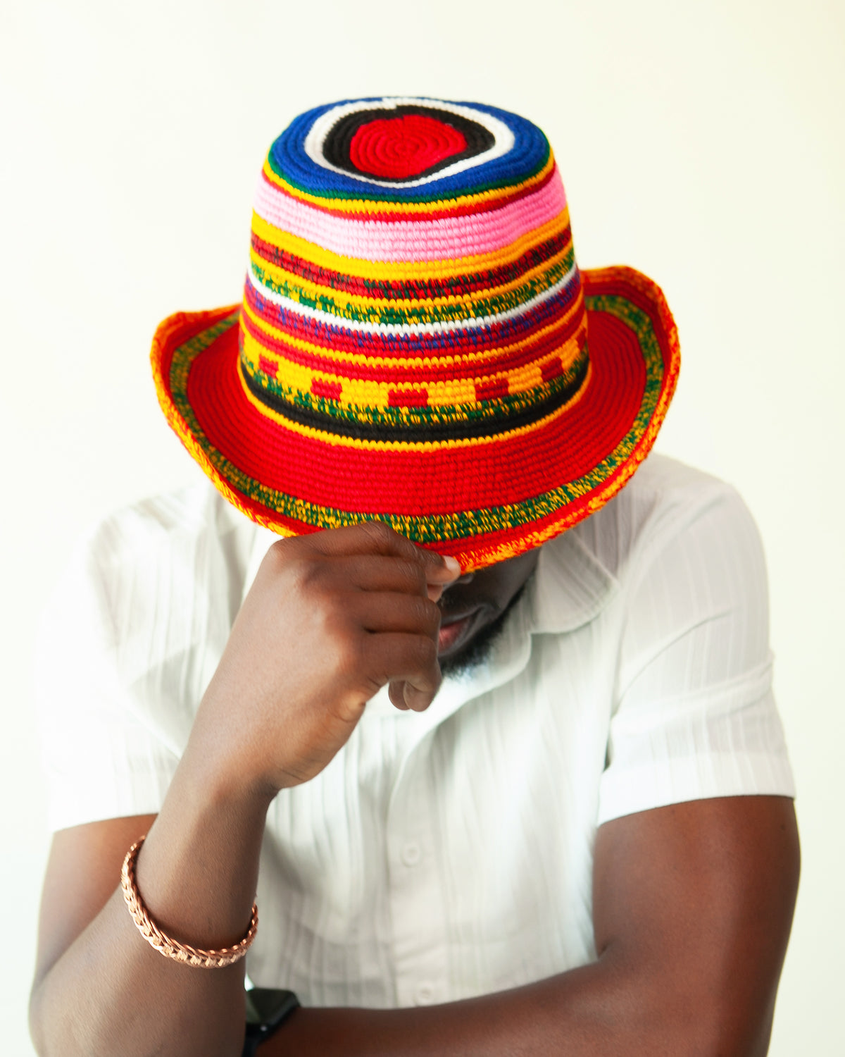 Red Multicolor Konso Crochet Wide Brim Hat