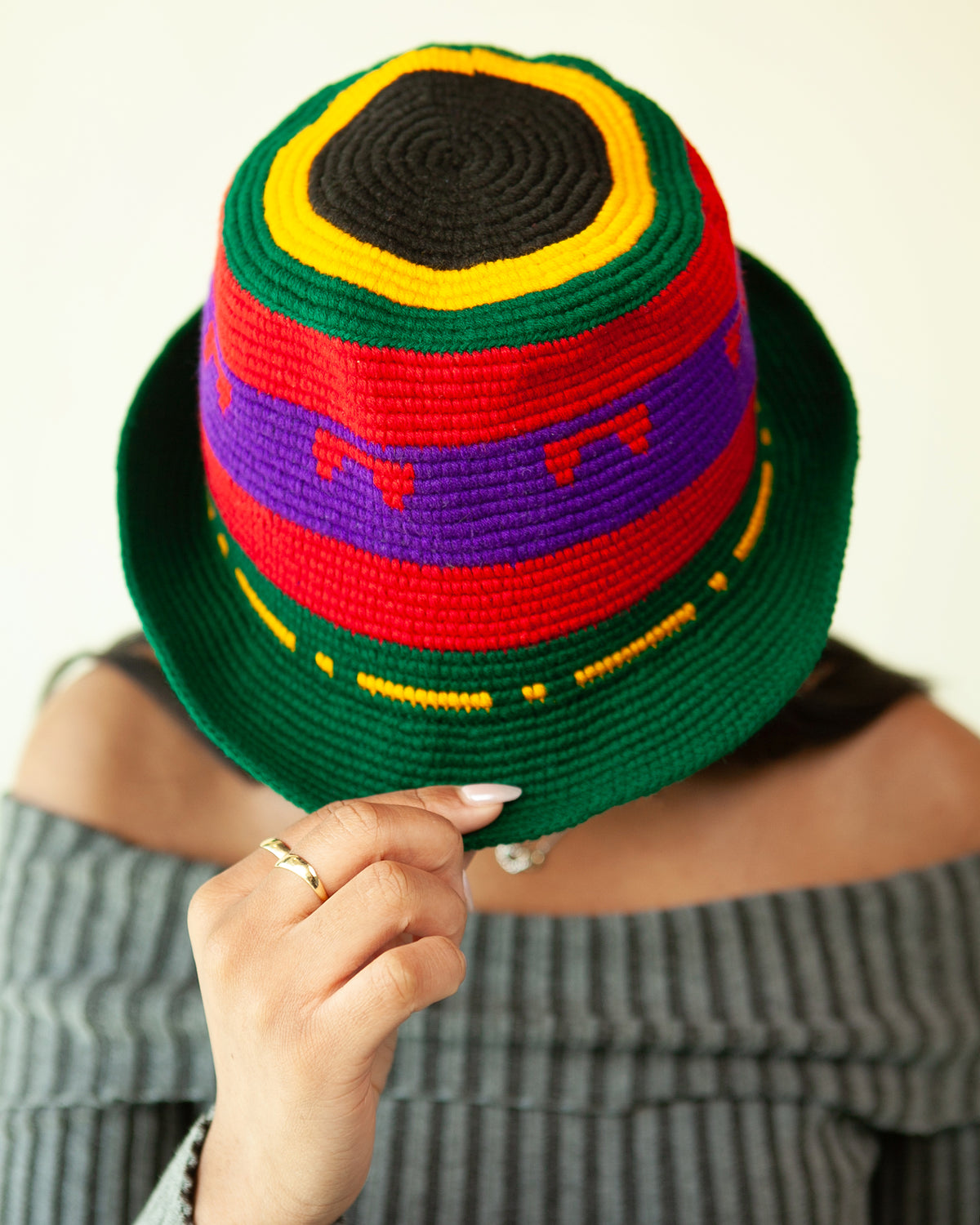 Green Multicolor Konso Crochet Wide Brim Hat