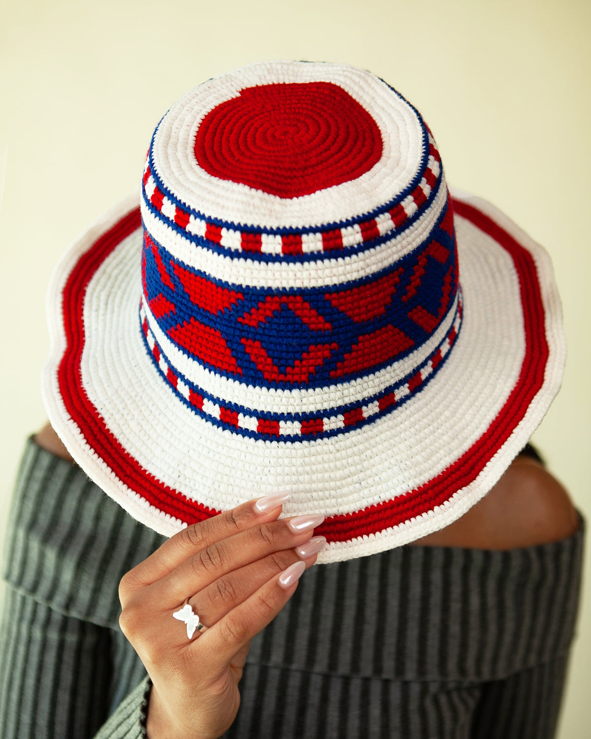 Handmade Ethiopian Crochet Sun Hat – Red, White & Blue Wide Brim Konso Hat