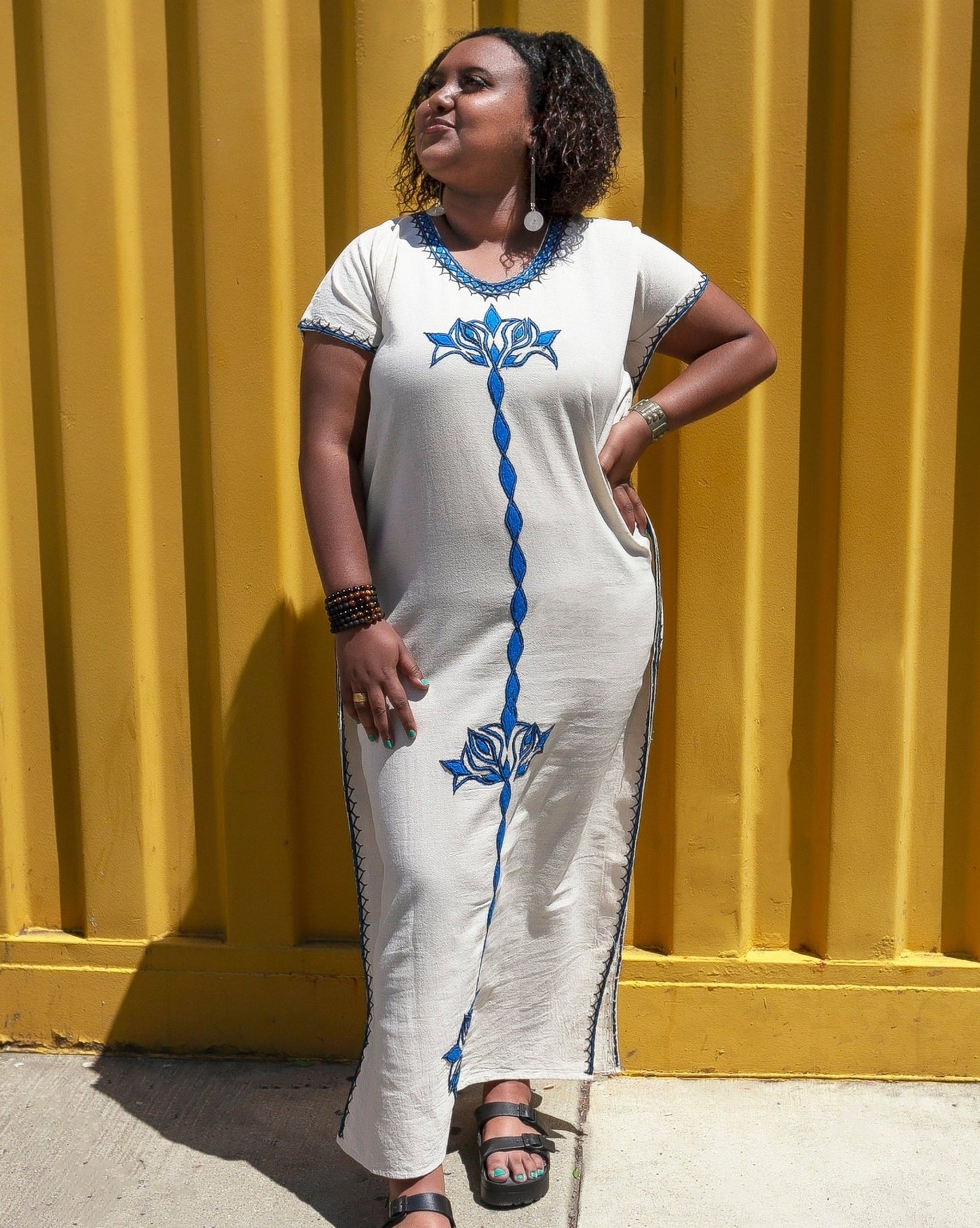 ቡና ቀሚስ | Coffee Dress | Blue Floral Line Hand - embroidery - Kelem Shop