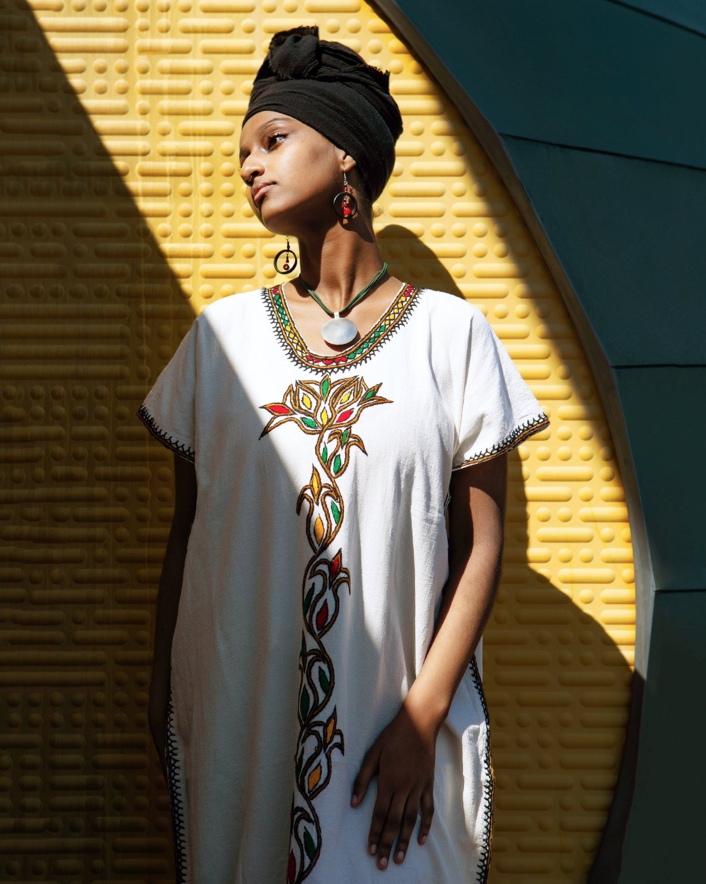 ቡና ቀሚስ | Coffee Dress | Green Yellow Red Floral Hand - embroidery | Beach Dress | Kaftan Dress - Kelem Shop