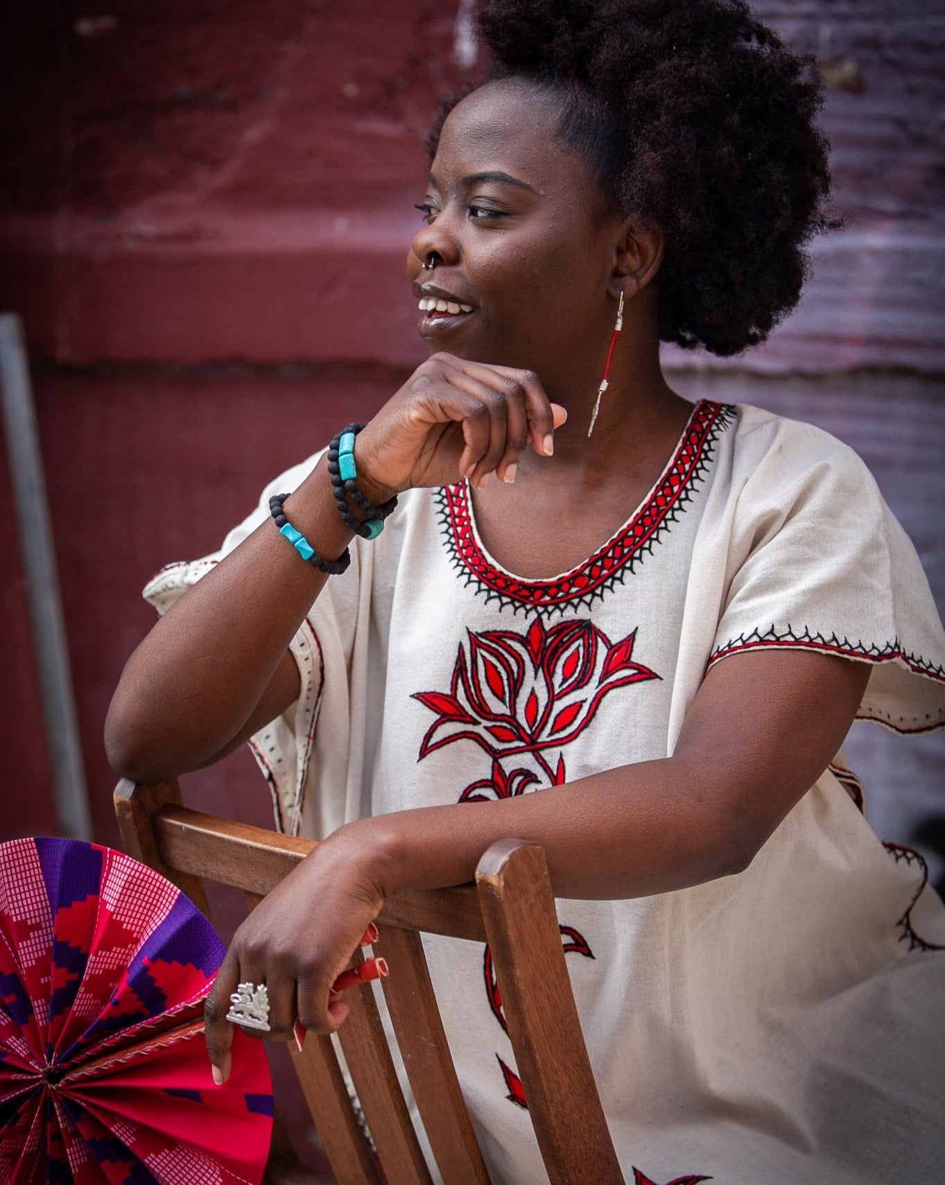 ቡና ቀሚስ | Coffee Dress | Red Floral Hand - embroidery - Kelem Shop