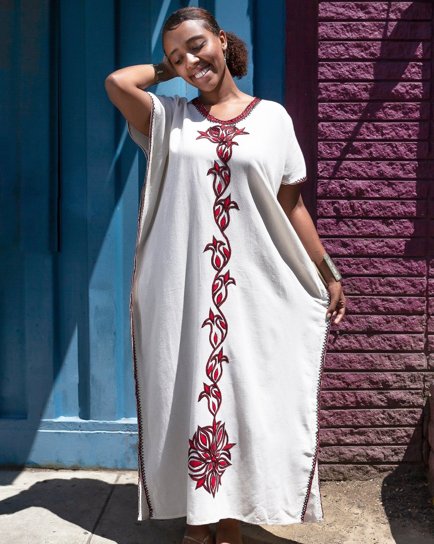 ቡና ቀሚስ | Coffee Dress | Red Floral Hand - embroidery - Kelem Shop