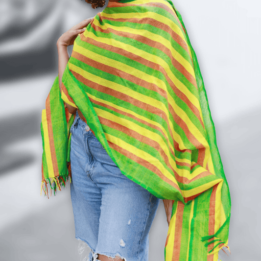 Ethiopian Green Yellow Red Stripe Scarf, Shawl, Headwrap | Handwoven Ethiopian Shawl, Scarf, Headwrap - Kelem Shop