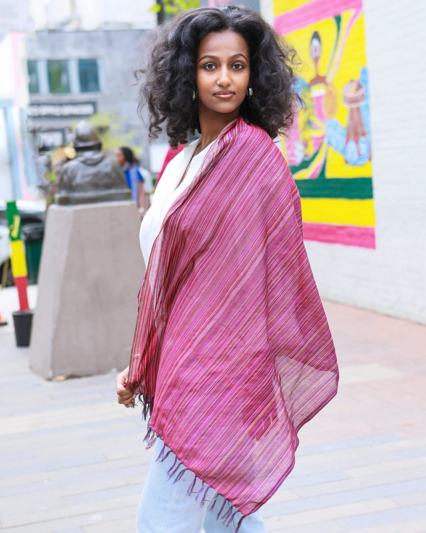 Ethiopian Magenta with Multicolor Stripes Scarf, Shawl, Headwrap | Handwoven Ethiopian Shawl, Scarf, Headwrap (Copy) (Copy) (Copy) (Copy) (Copy) - Kelem Shop