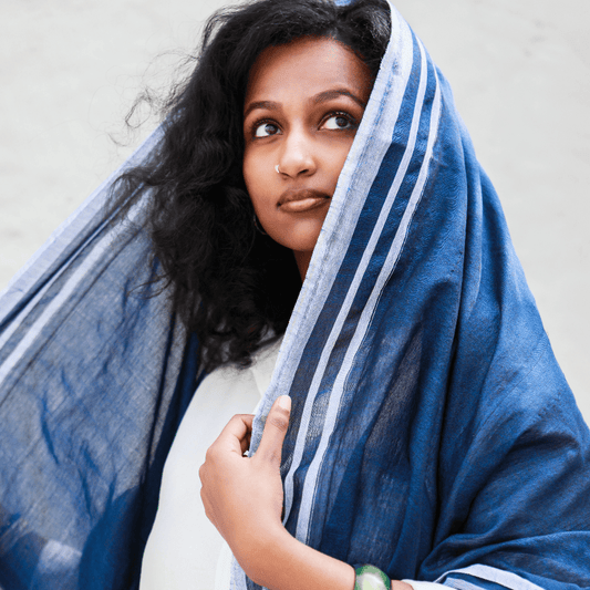 Ethiopian Navy Blue with White Stripes Scarf, Shawl, Headwrap | Handwoven Ethiopian Shawl, Scarf, Headwrap - Kelem Shop