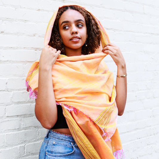 Ethiopian Orange with Multicolor Stripes Scarf, Shawl, Headwrap | Handwoven Ethiopian Shawl, Scarf, Headwrap - Kelem Shop