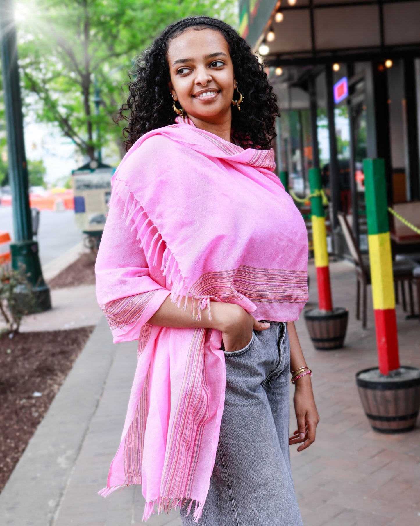 Ethiopian Pink with Multicolor Stripes Scarf, Shawl, Headwrap | Handwoven Ethiopian Shawl, Scarf, Headwrap (Copy) (Copy) (Copy) (Copy) (Copy) (Copy) (Copy) - Kelem Shop