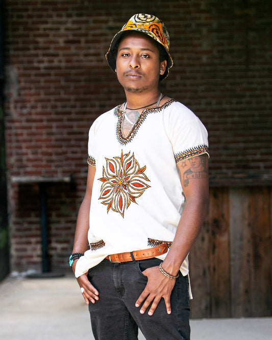 ጥልፍ Hand - embroidered Cotton Shirt | Brown Floral - Kelem Shop