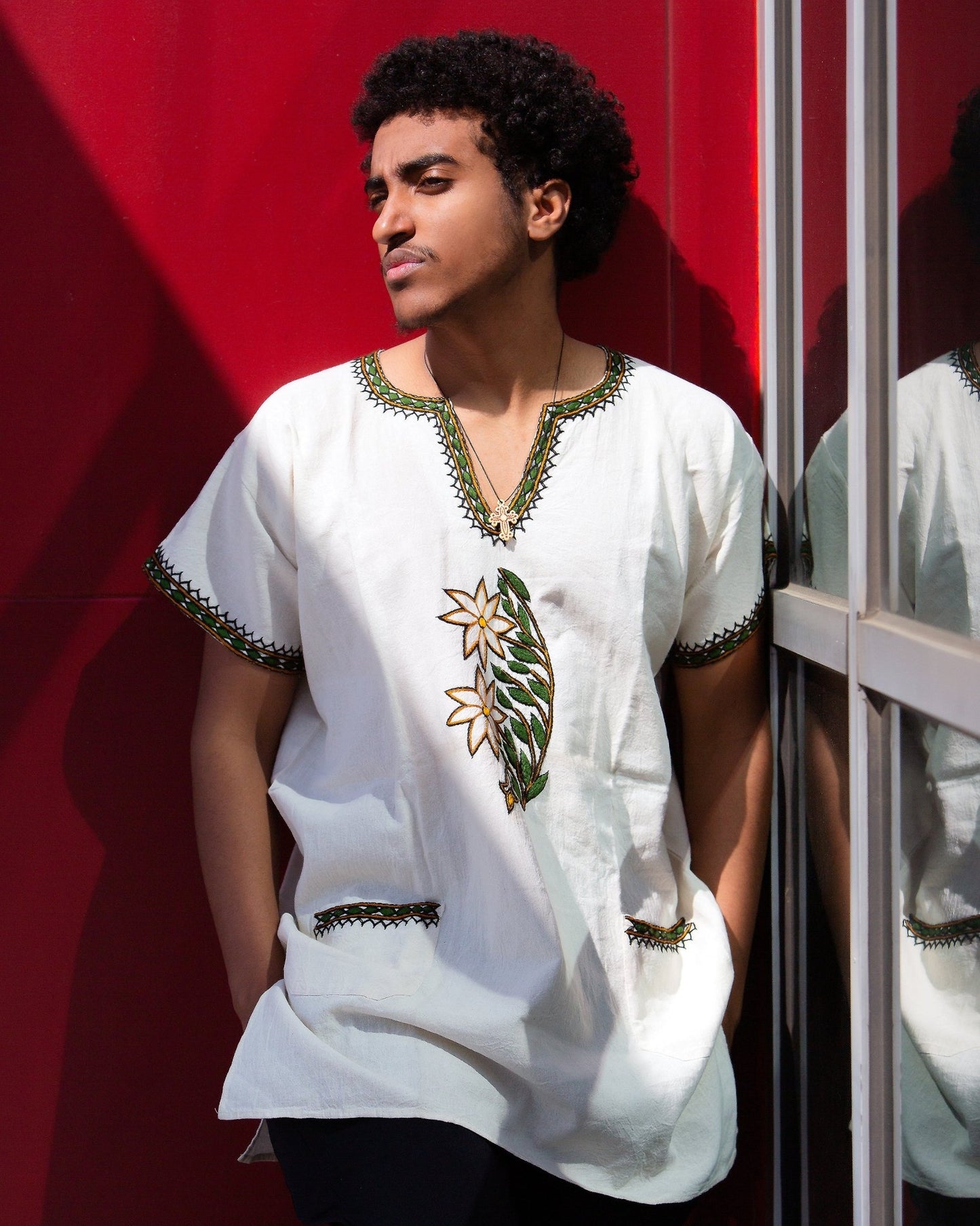 Hand - embroidered Cotton Shirt | Green and Yellow Floral - Kelem Shop