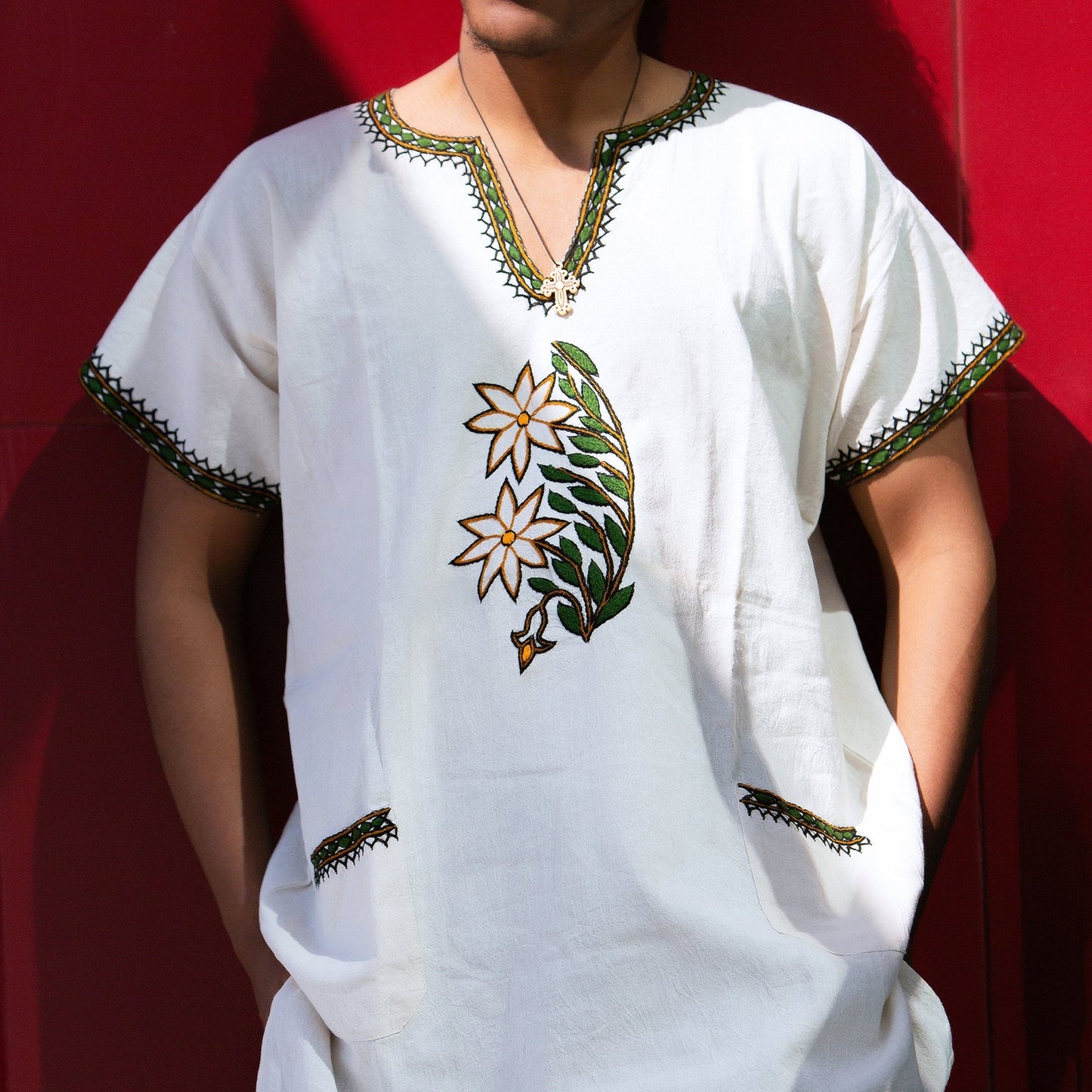Hand - embroidered Cotton Shirt | Green and Yellow Floral - Kelem Shop