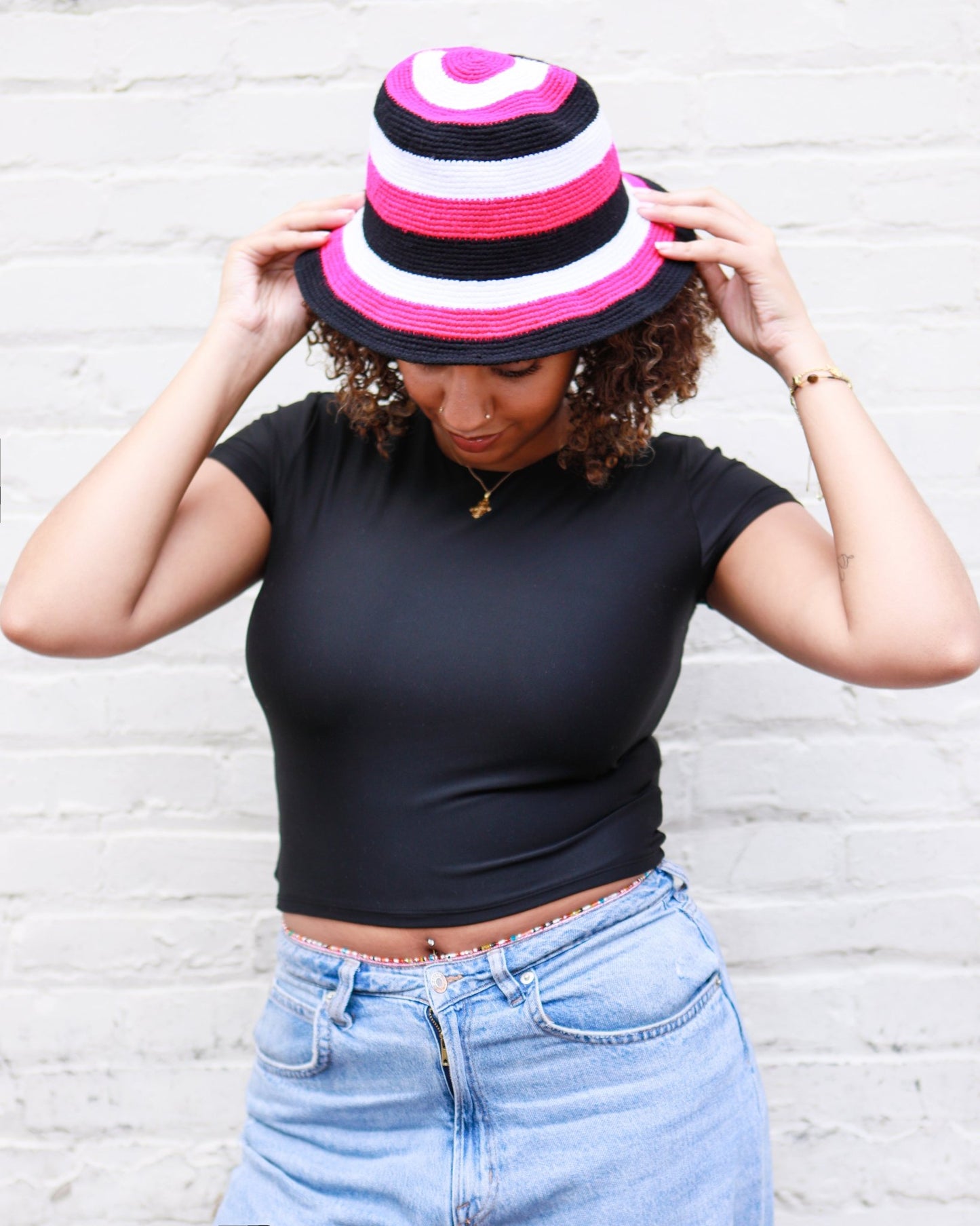 Handmade Pink Black and White Striped Crochet Hat – Unisex Beanie Crafted by Ethiopian Farmers in Konso | Versatile and Stylish for Men and Women - Kelem Shop