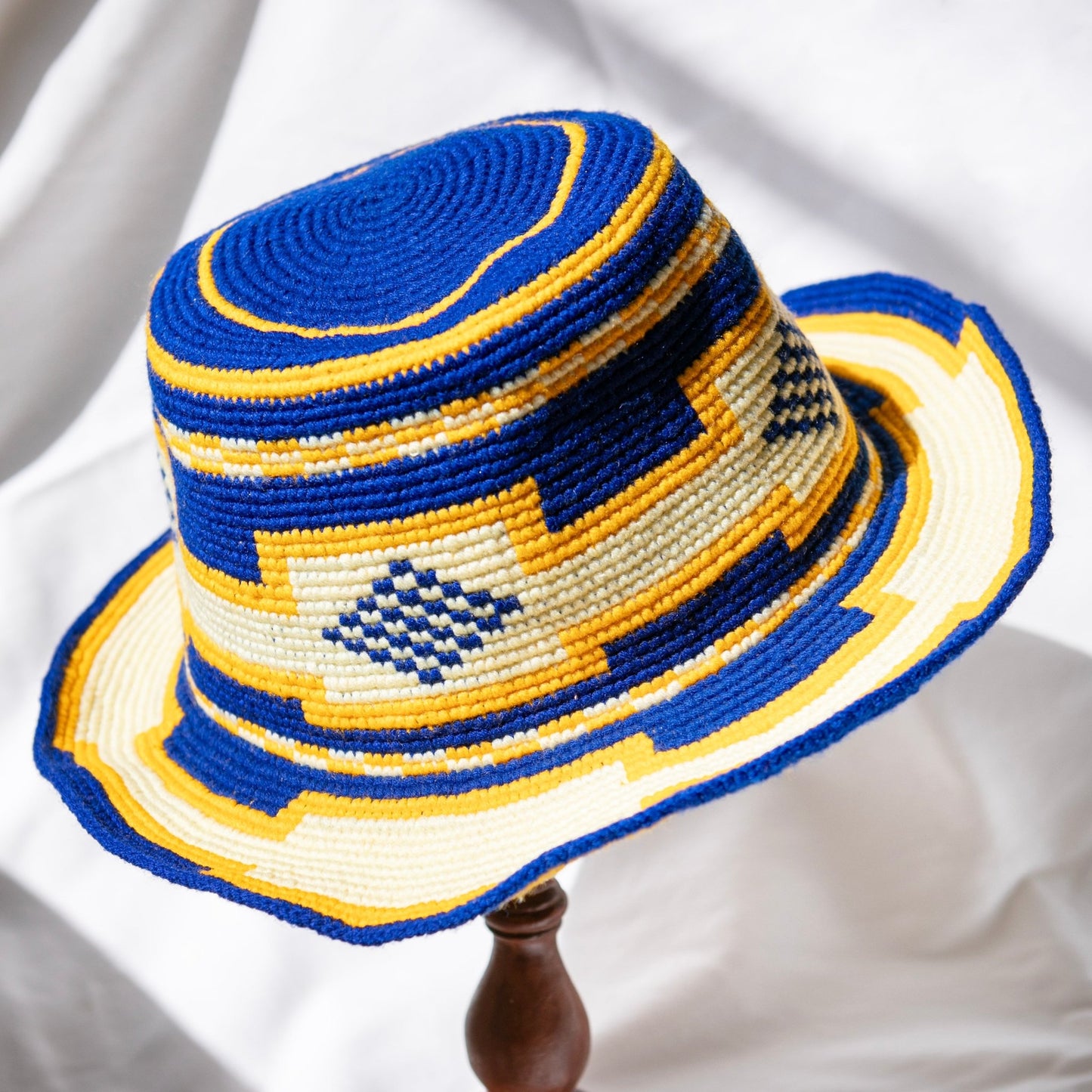 Handmade Royal Blue Yellow Cream Patterned Crochet Hat – Unisex Beanie Crafted by Ethiopian Farmers in Konso | Versatile and Stylish for Men and Women - Kelem Shop