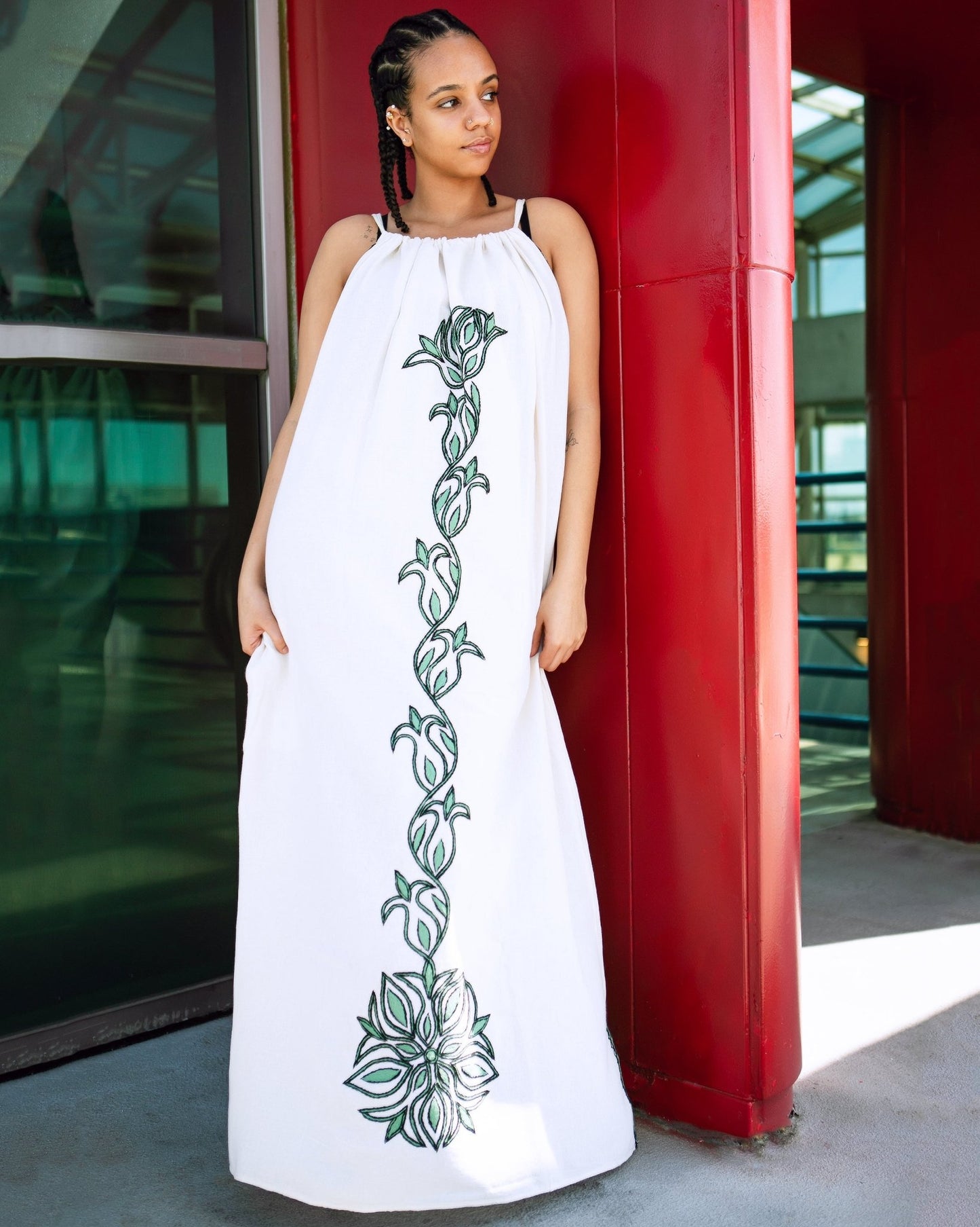 ቡና ቀሚስ Sleeveless Tie Strap Coffee Dress | Summer Dress | Beach Dress | Green Floral Line Hand - embroidery - Kelem Shop