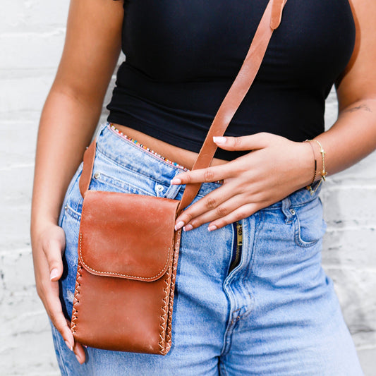 Small Leather Shoulder Bag | Crossbody Purse | Handmade in Ethiopia | Light Brown - Kelem Shop
