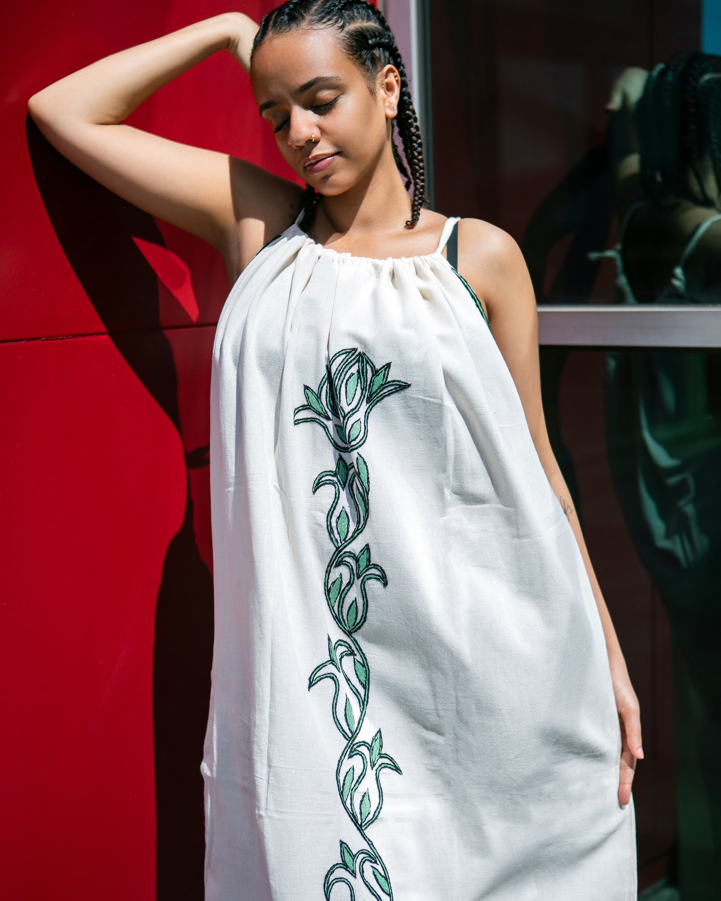 ቡና ቀሚስ Sleeveless Coffee Dress | Summer Dress | Green Floral Line Hand-embroidery