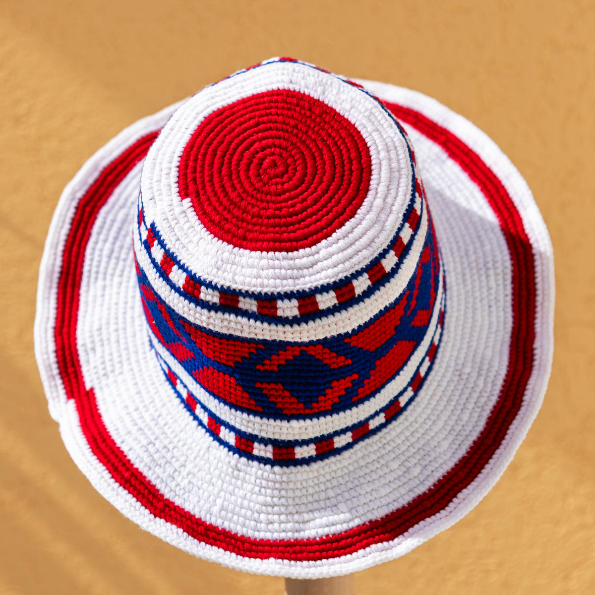 Handmade Ethiopian Crochet Sun Hat – Red, White & Blue Wide Brim Konso Hat