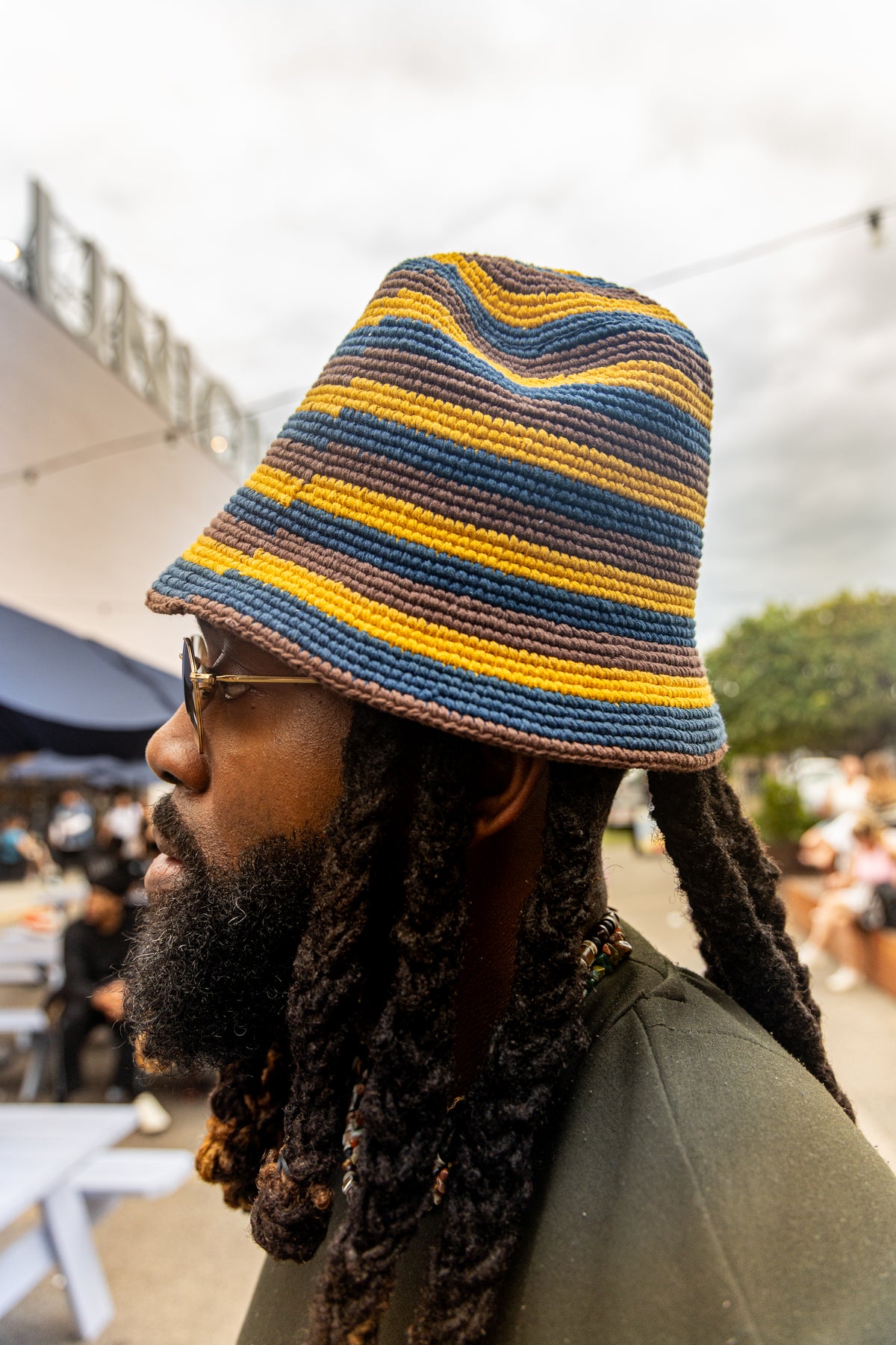 Konso Crochet Bucket Hat – Blue, Yellow and Brown Striped Cotton Hat
