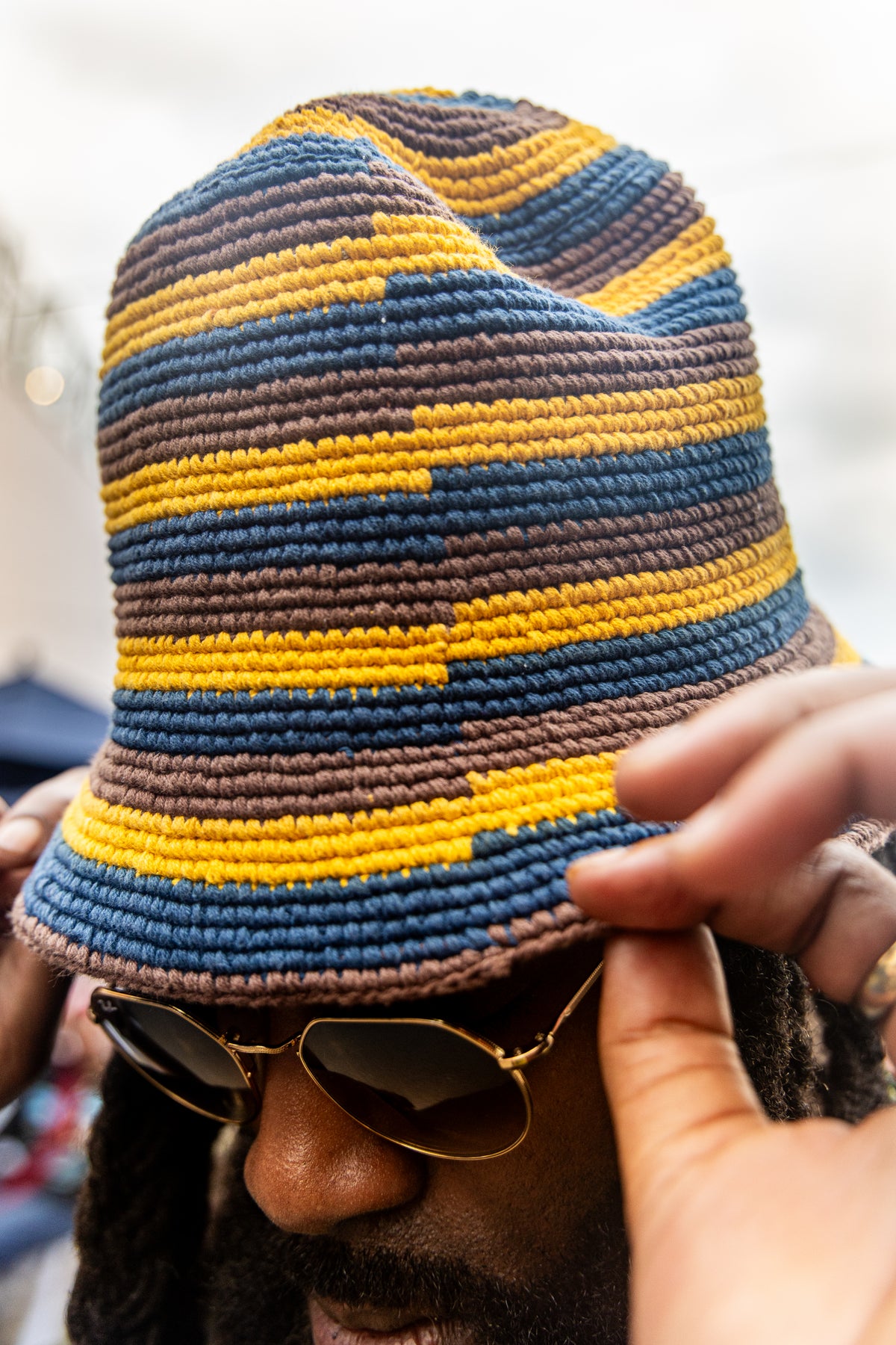 Konso Crochet Bucket Hat – Blue, Yellow and Brown Striped Cotton Hat