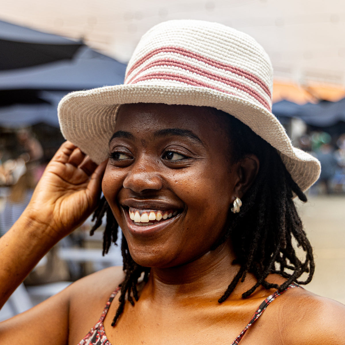 100% Cotton Konso Crochet Hat – Natural & Rose Striped Bucket Hat
