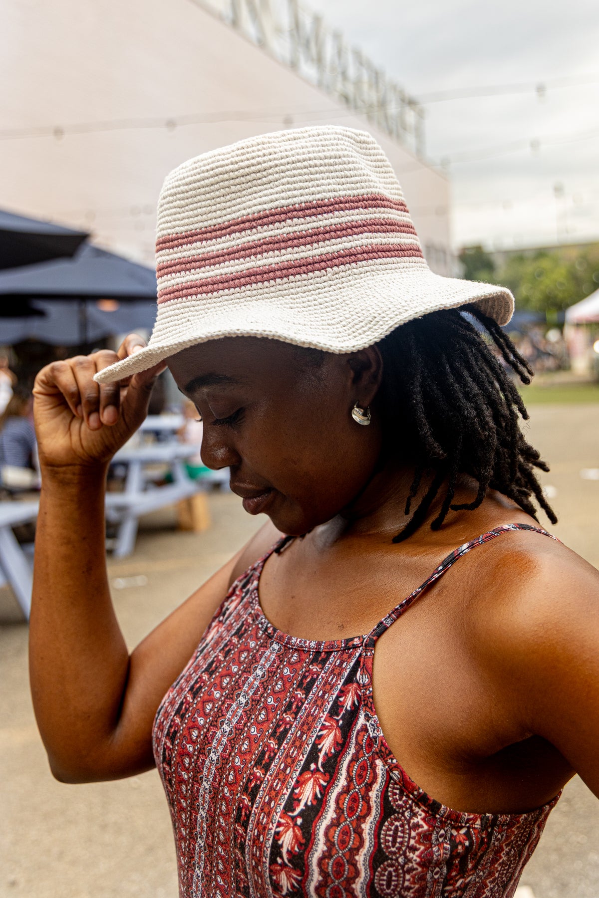 100% Cotton Konso Crochet Hat – Natural & Rose Striped Bucket Hat