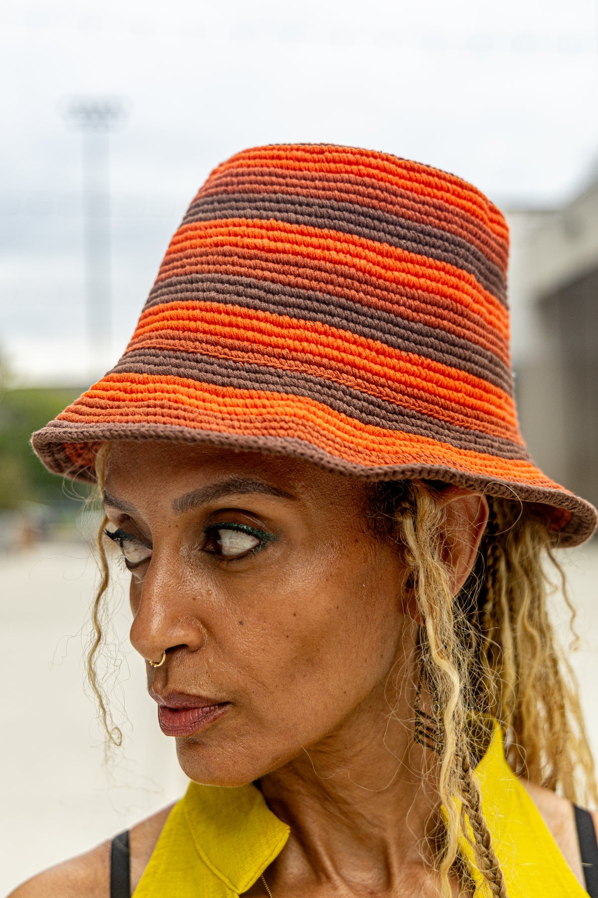 Konso Crochet Bucket Hat – Sunset Orange & Deep Brown Cotton