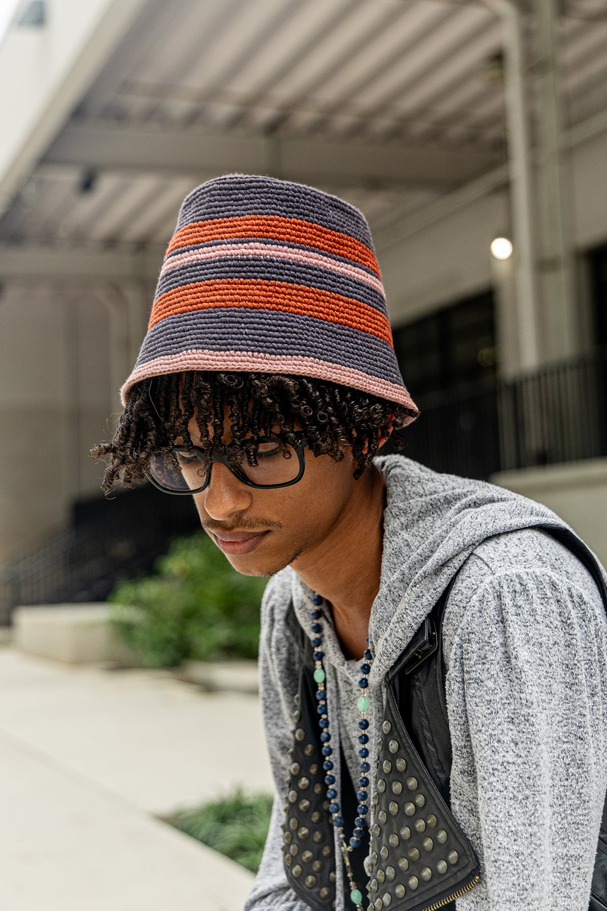 Cotton Konso Crochet Bucket Hat – Charcoal, Rust & Blush Stripe