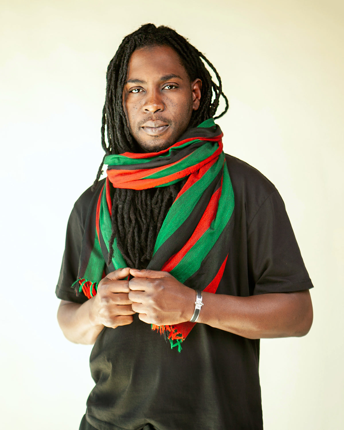 Handwoven Red, Black and Green Panafrican Cotton Scarf | Unisex Lightweight Shawl