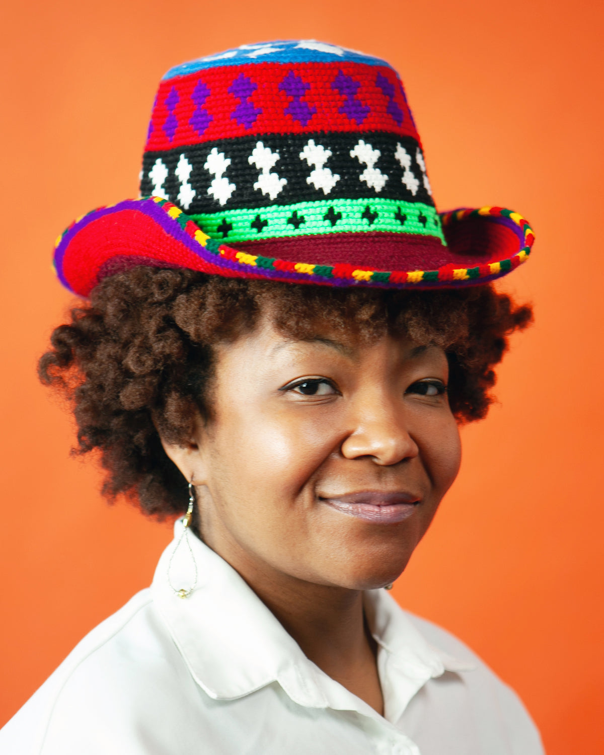 Red Geometric Konso Crochet Wide Brim Hat