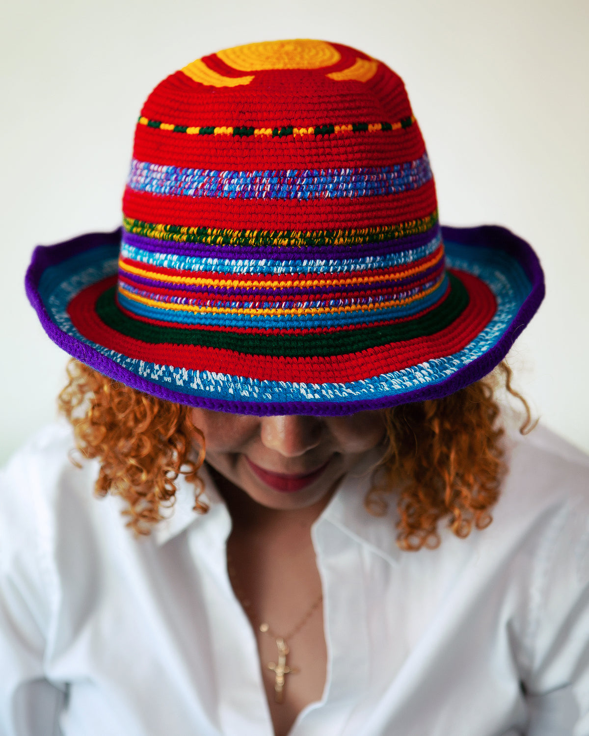 Konso Crochet Wide Brim Hat – Blue, Red & Yellow Beanie