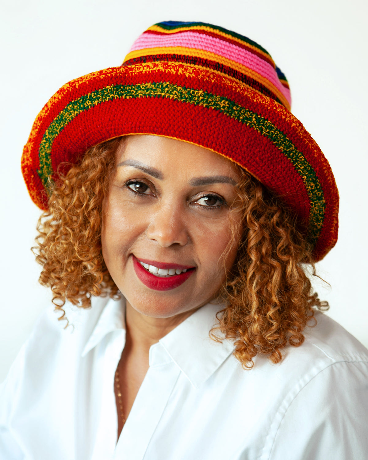 Red Multicolor Konso Crochet Wide Brim Hat