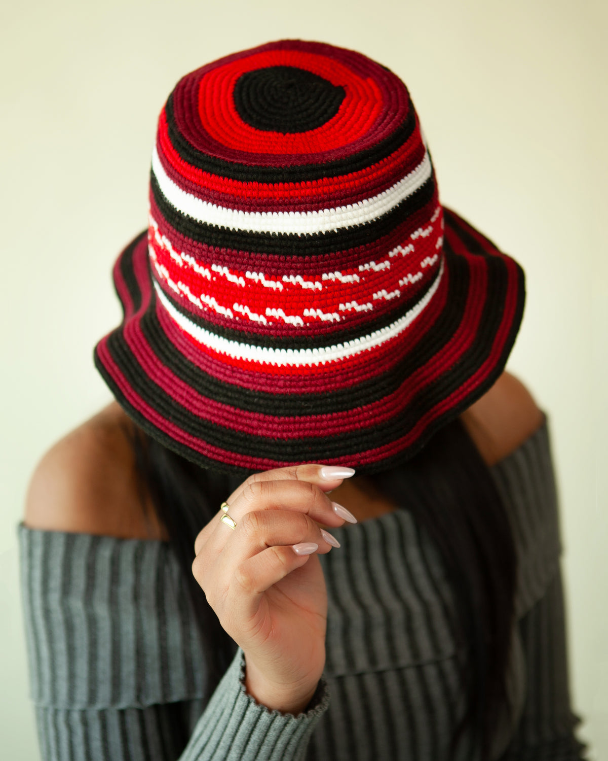 Red, Black & White Konso Crochet Hat | Handmade Ethiopian Cotton & Wool Hat