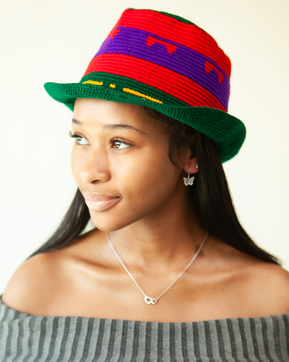 Green Multicolor Konso Crochet Wide Brim Hat