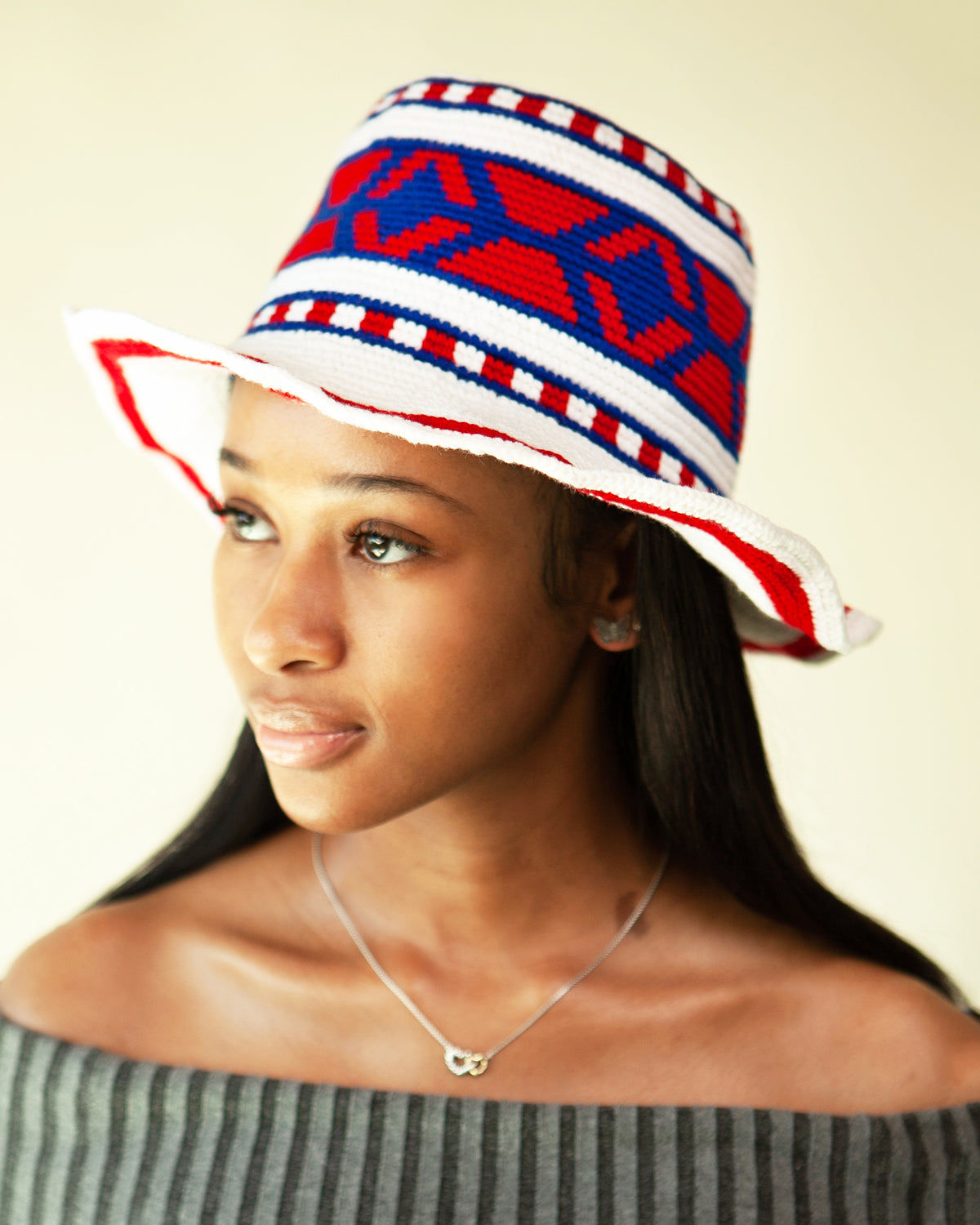 Handmade Ethiopian Crochet Sun Hat – Red, White & Blue Wide Brim Konso Hat