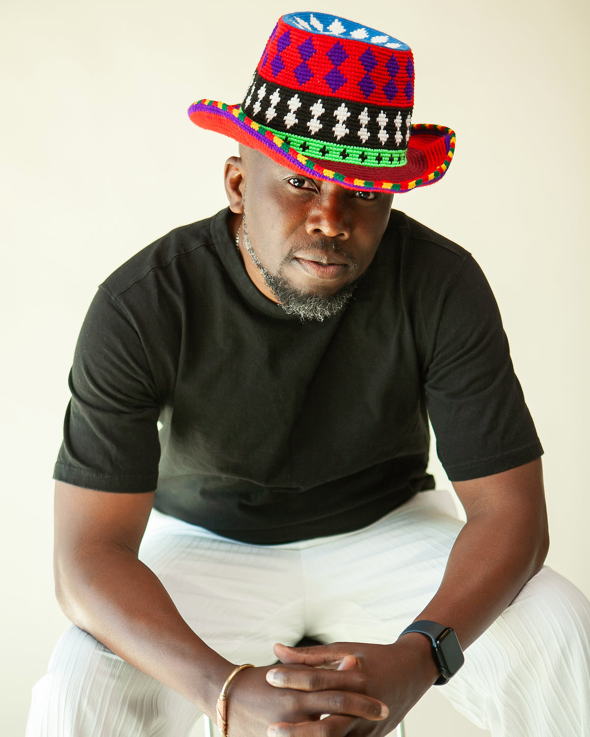Red Geometric Konso Crochet Wide Brim Hat
