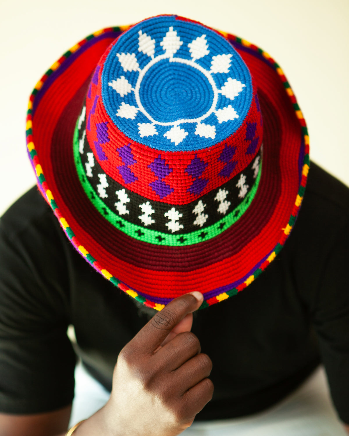 Red Geometric Konso Crochet Wide Brim Hat