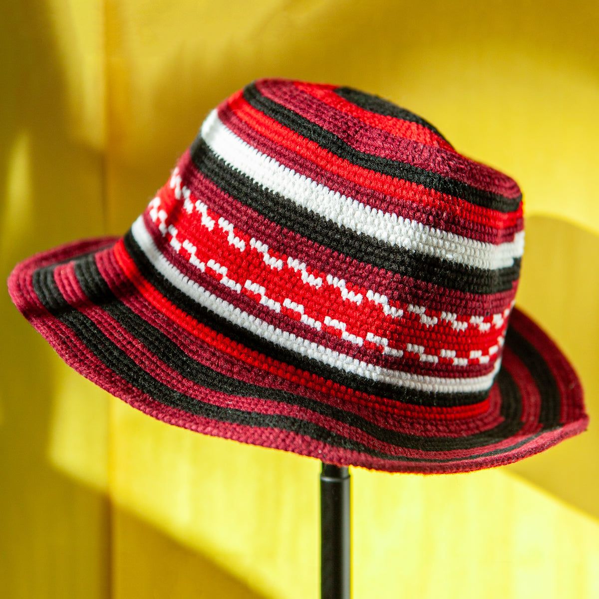 Red, Black & White Konso Crochet Hat | Handmade Ethiopian Cotton & Wool Hat