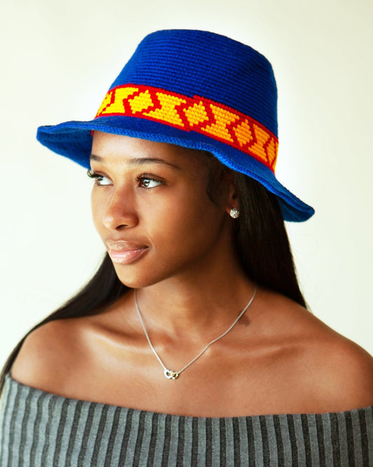 Blue Crochet Bucket Hat | Ethiopian Konso Wide Brim Hat - Kelem Shop
