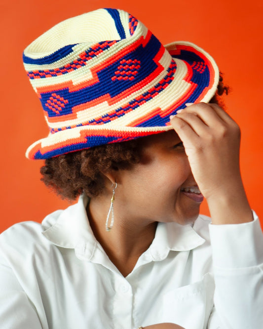 Blue & Orange Konso Crochet Hat | Handmade Ethiopian Wide Brim Hat - Kelem Shop
