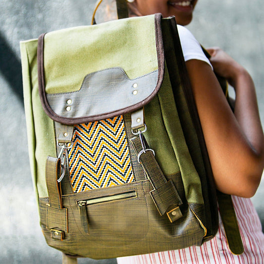 Canvas, Leather, Ankara Blend Backpack | Green - Kelem Shop