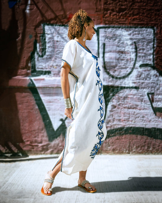 ቡና ቀሚስ | Coffee Dress | Blue Floral Hand - embroidery - Kelem Shop