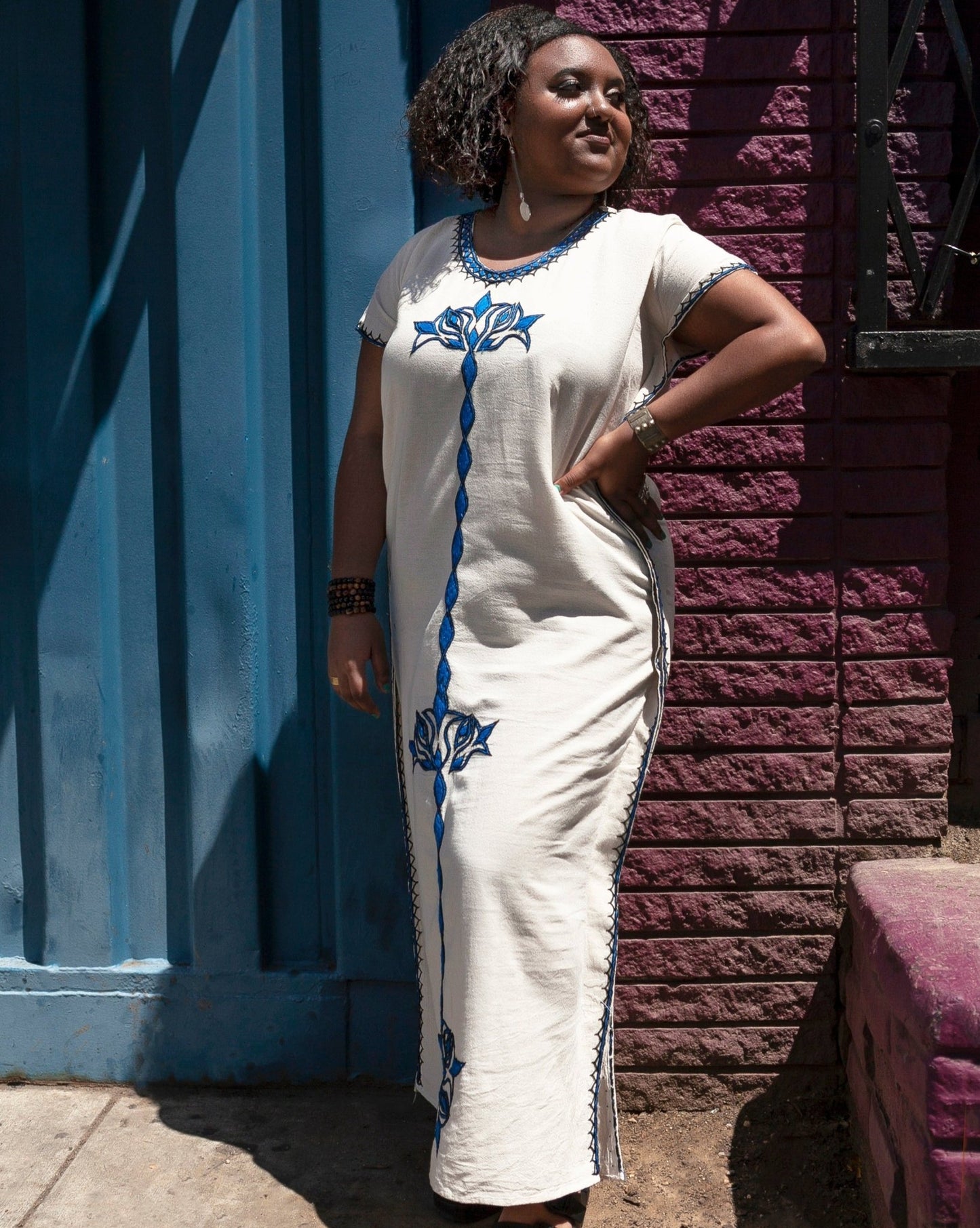 ቡና ቀሚስ | Coffee Dress | Blue Floral Line Hand - embroidery - Kelem Shop