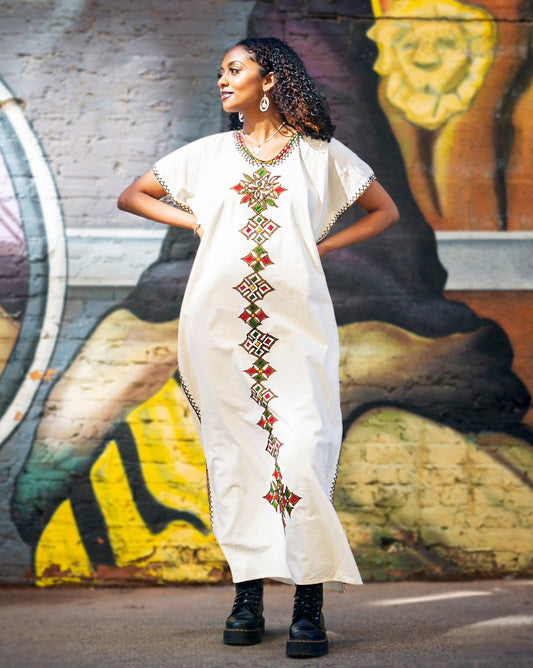 ቡና ቀሚስ | Coffee Dress | Green, Yellow, Red Cross Hand - embroidery - Kelem Shop