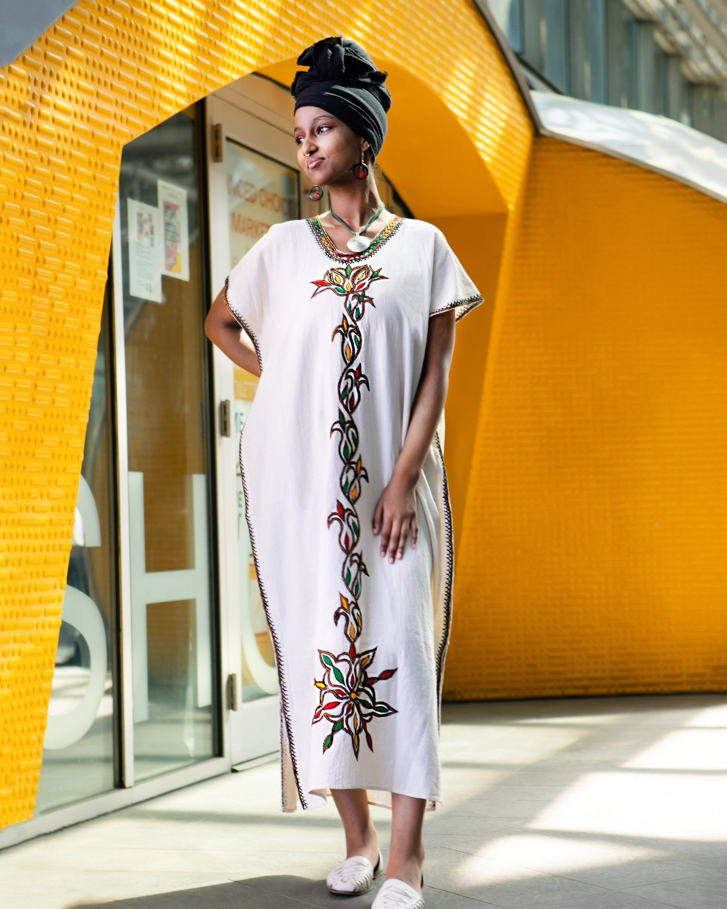 ቡና ቀሚስ | Coffee Dress | Green Yellow Red Floral Hand - embroidery | Beach Dress | Kaftan Dress - Kelem Shop