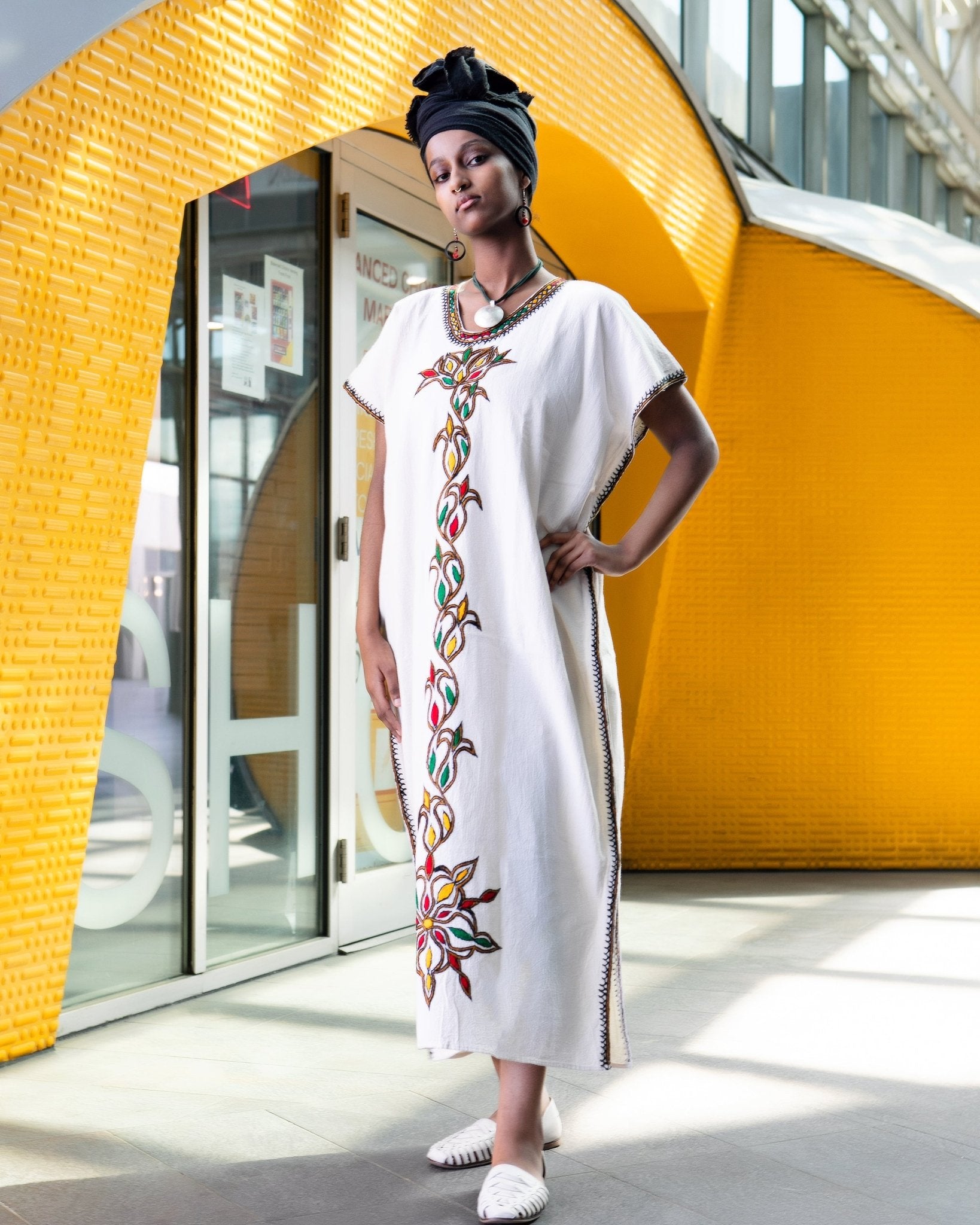 ቡና ቀሚስ | Coffee Dress | Green Yellow Red Floral Hand - embroidery | Beach Dress | Kaftan Dress - Kelem Shop