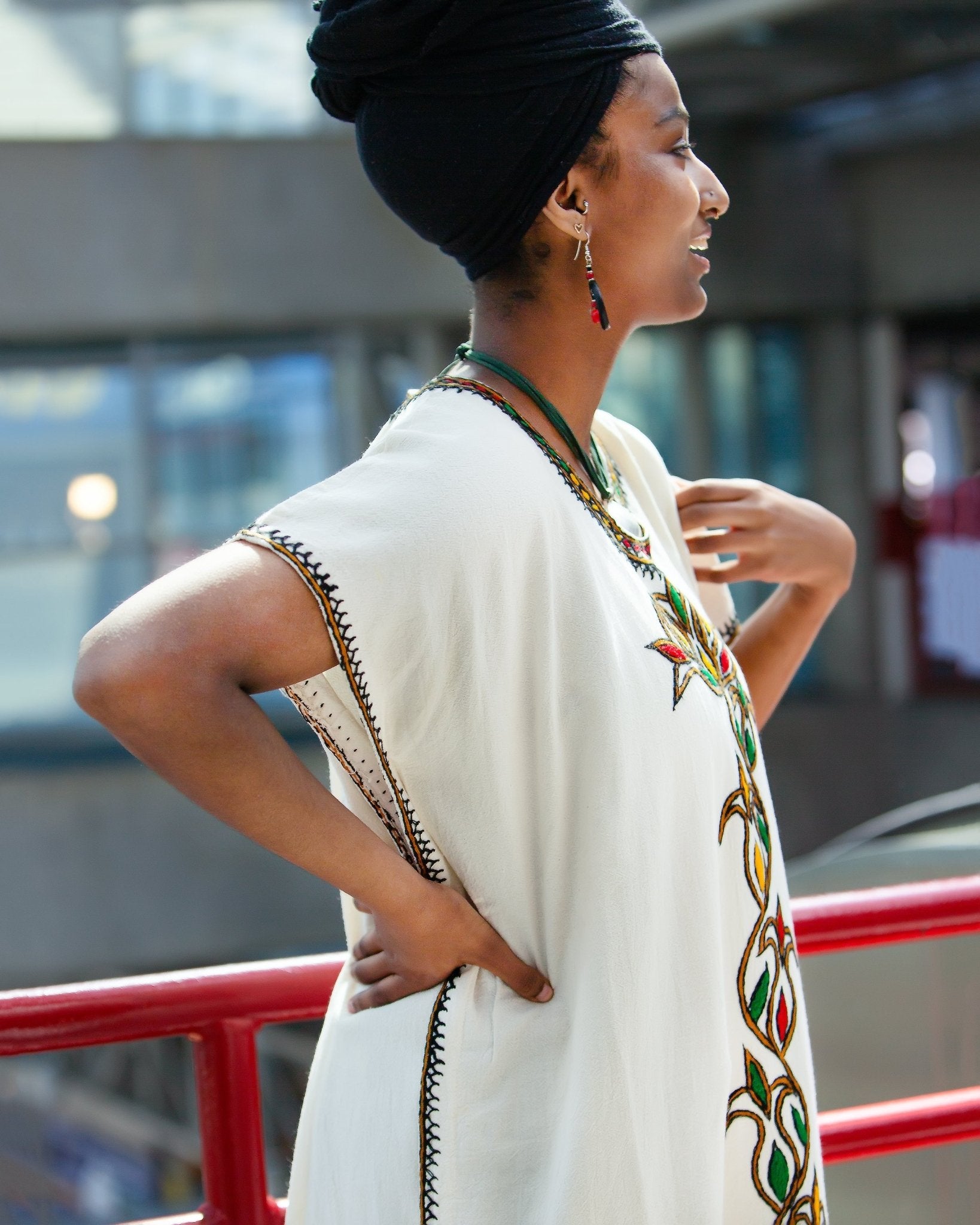 ቡና ቀሚስ | Coffee Dress | Green Yellow Red Floral Hand - embroidery | Beach Dress | Kaftan Dress - Kelem Shop