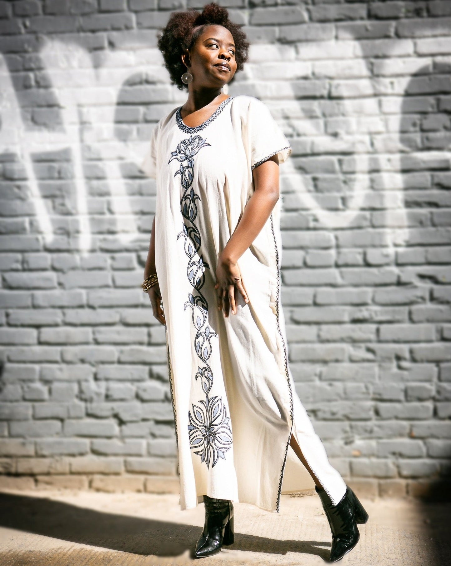 ቡና ቀሚስ | Coffee Dress | Light Blue Floral Hand - embroidery - Kelem Shop