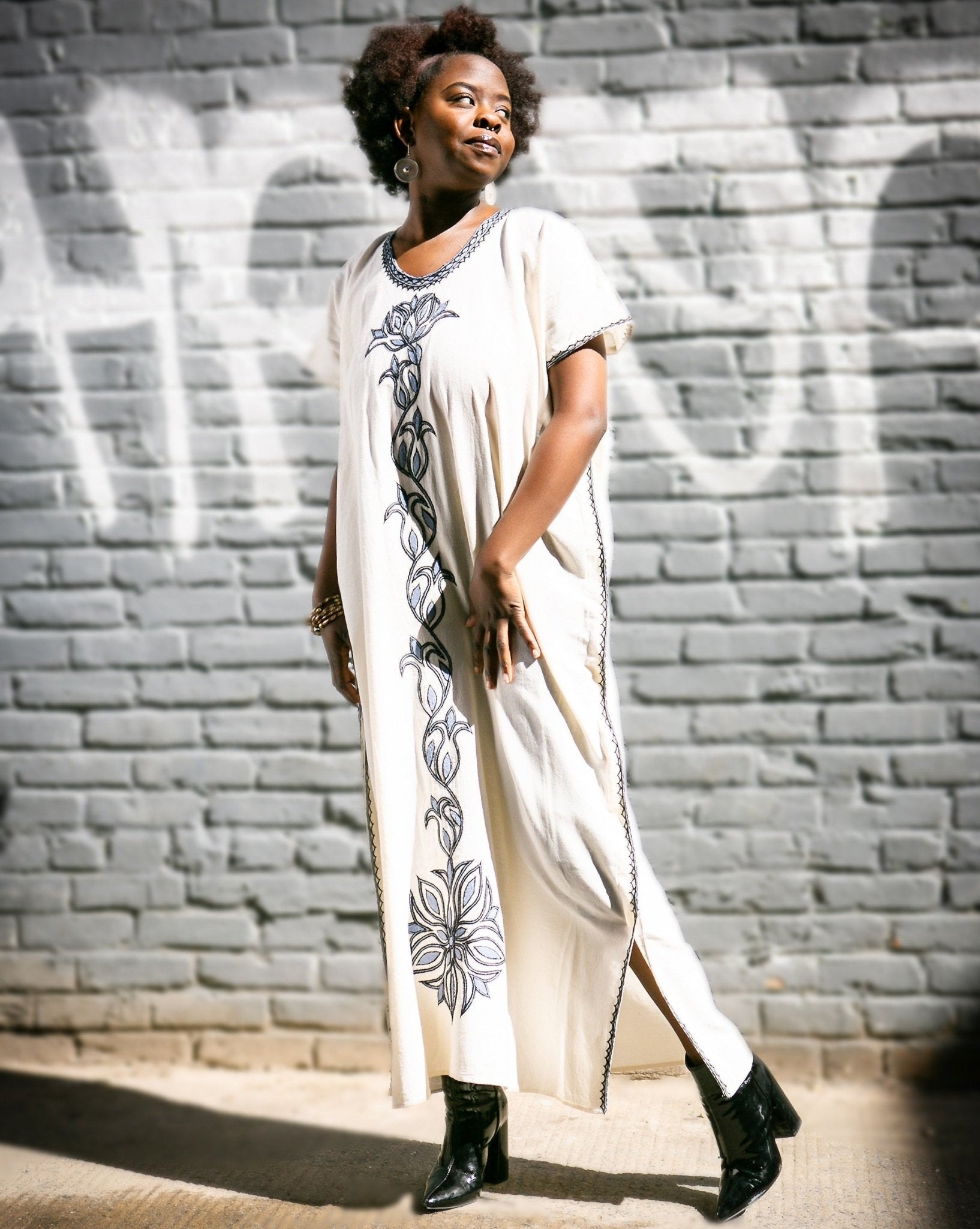 ቡና ቀሚስ | Coffee Dress | Light Blue Floral Hand - embroidery - Kelem Shop
