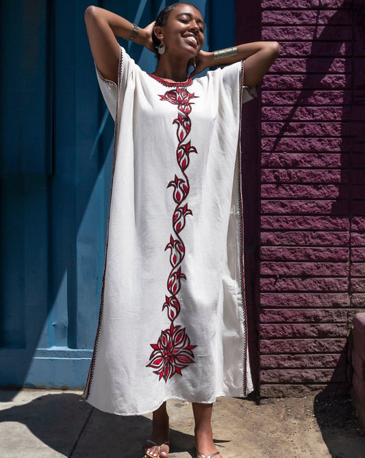 ቡና ቀሚስ | Coffee Dress | Red Floral Hand - embroidery - Kelem Shop